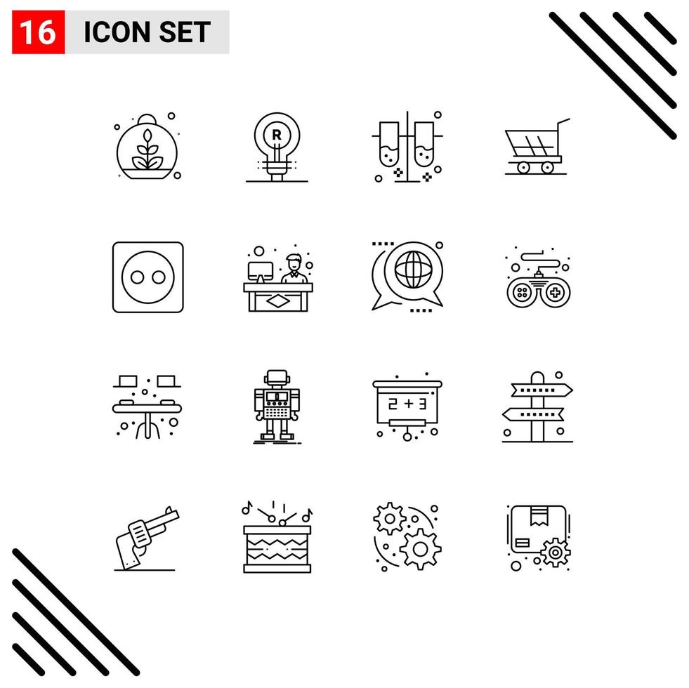Pack of 16 creative Outlines of plug board shopping logo trolley test tubes Editable Vector Design Elements