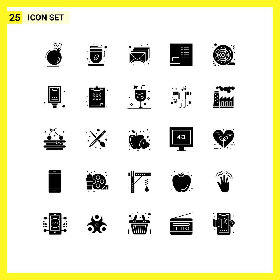 Pack of 25 creative Solid Glyphs of cinema film coffee cup education envelop Editable Vector Design Elements