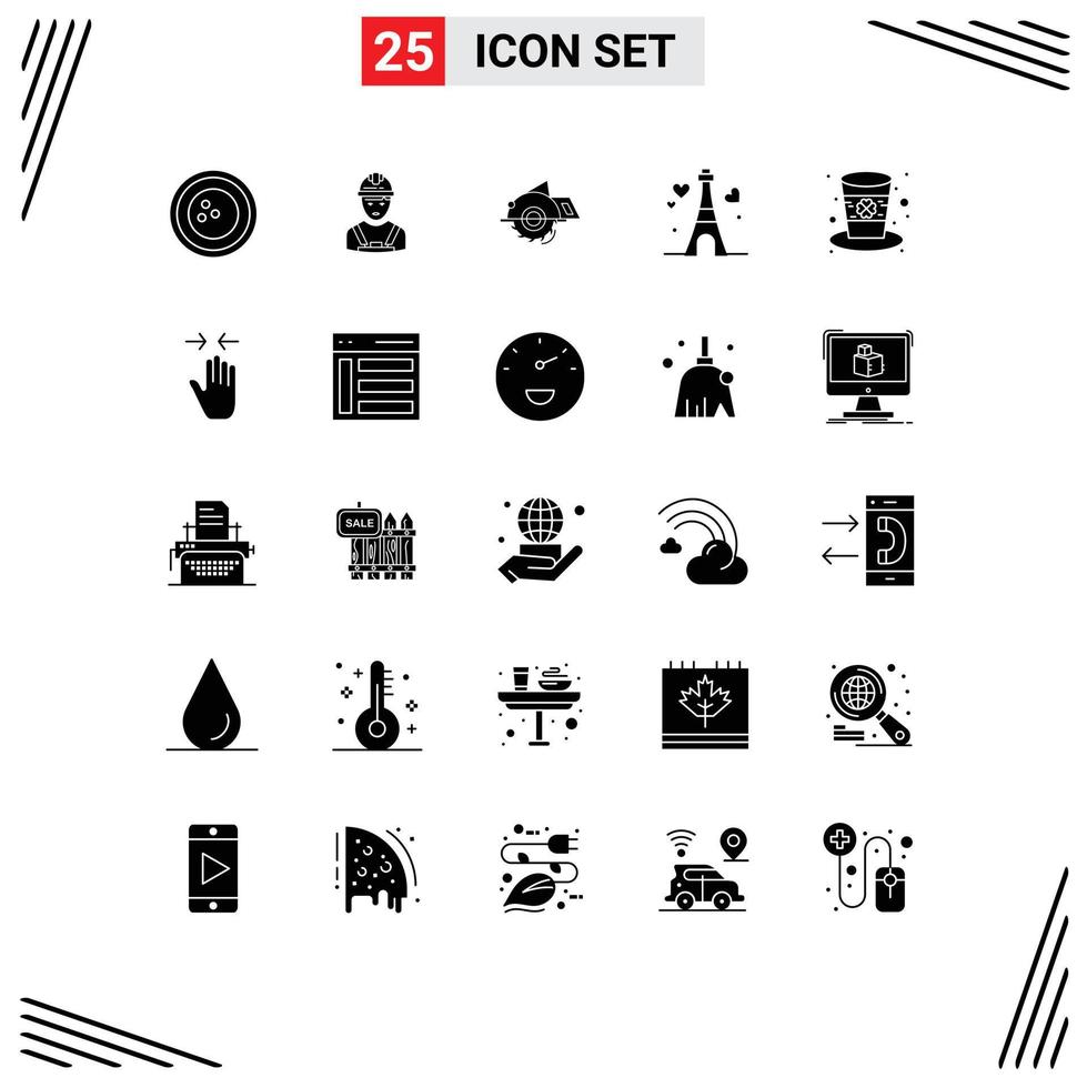 25 Universal Solid Glyph Signs Symbols of heart tower engineer repair circular saw Editable Vector Design Elements