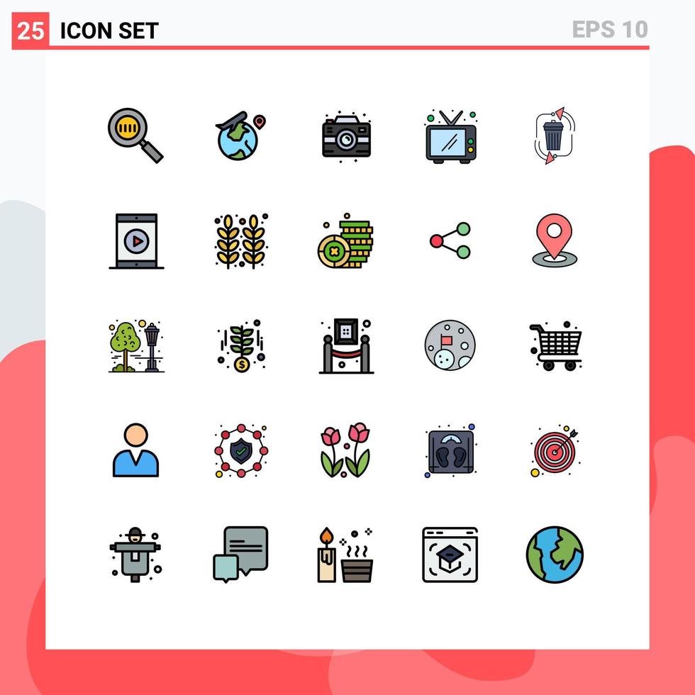 25 Thematic Vector Filled line Flat Colors and Editable Symbols of garbage waste birthday tv communication Editable Vector Design Elements
