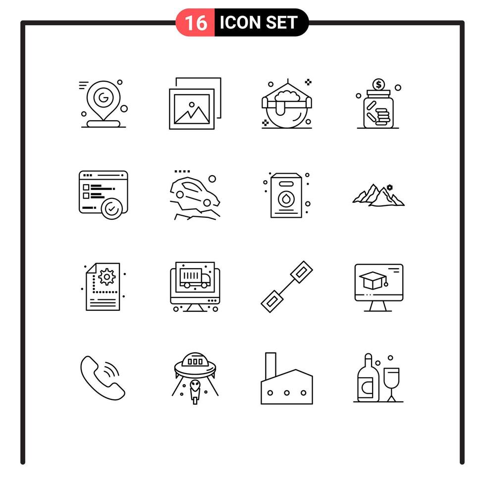 Pictogram Set of 16 Simple Outlines of development jar cook investment banking Editable Vector Design Elements