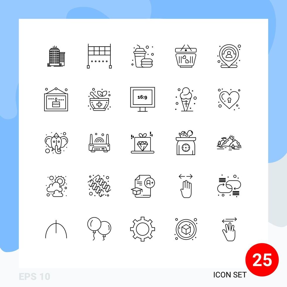 paquete de 25 líneas modernas, signos y símbolos para medios de impresión web, como mapa, bebida del cliente, boda, amor, elementos de diseño de vectores editables