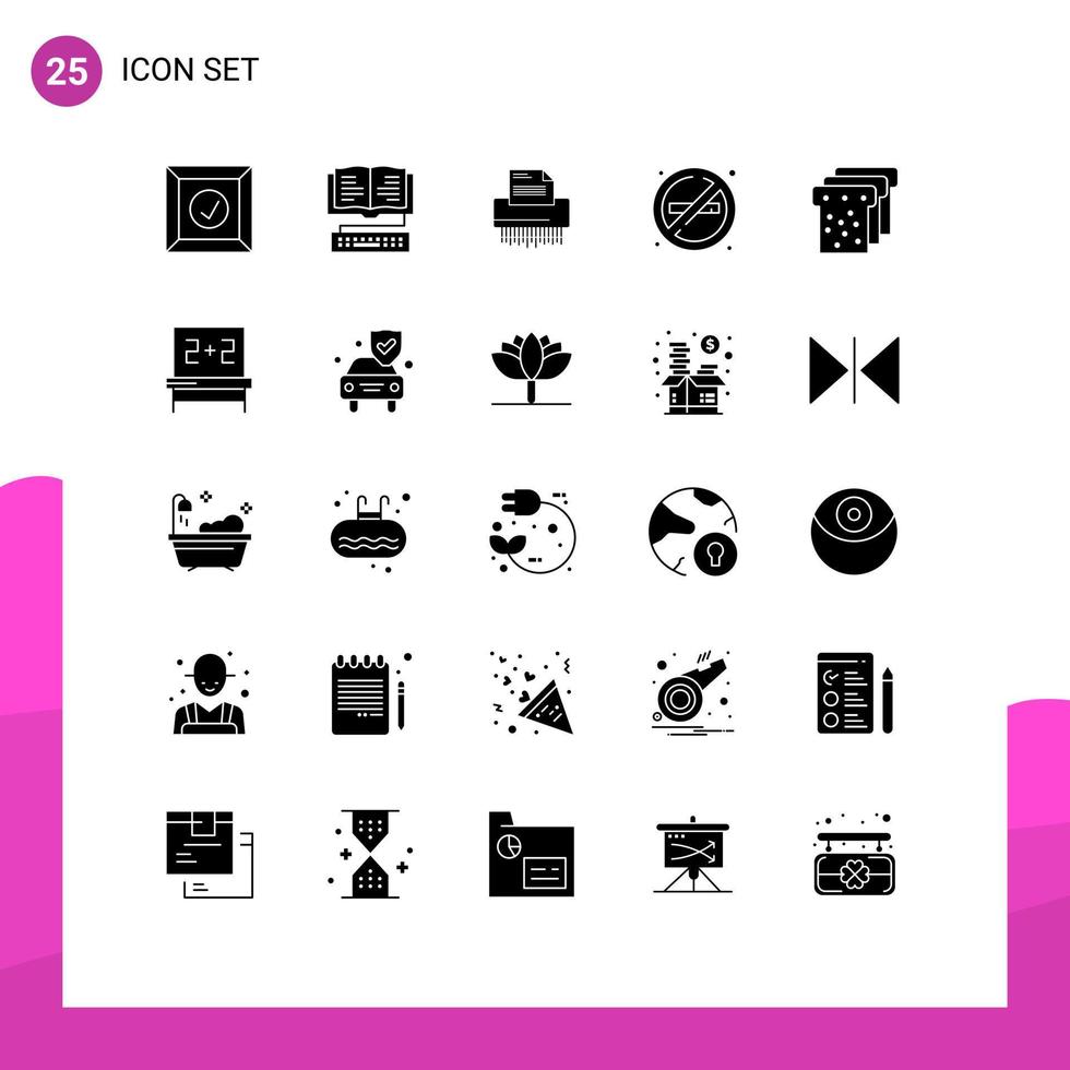 Group of 25 Solid Glyphs Signs and Symbols for no smoke no confidential fire office Editable Vector Design Elements