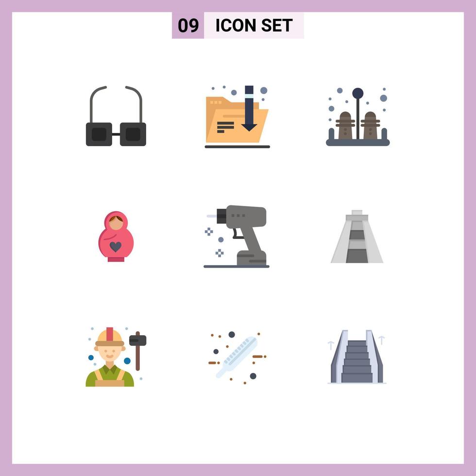 Pictogram Set of 9 Simple Flat Colors of chichen itza instrument kitchen drill heart Editable Vector Design Elements