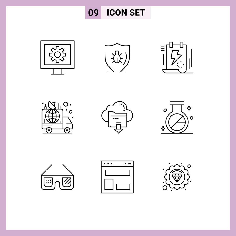 Pack of 9 creative Outlines of car announcement shield advertisement bolt Editable Vector Design Elements