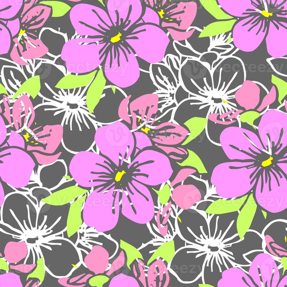 seamless pattern of pink silhouettes and white contours of flowers on a gray background, texture, design photo