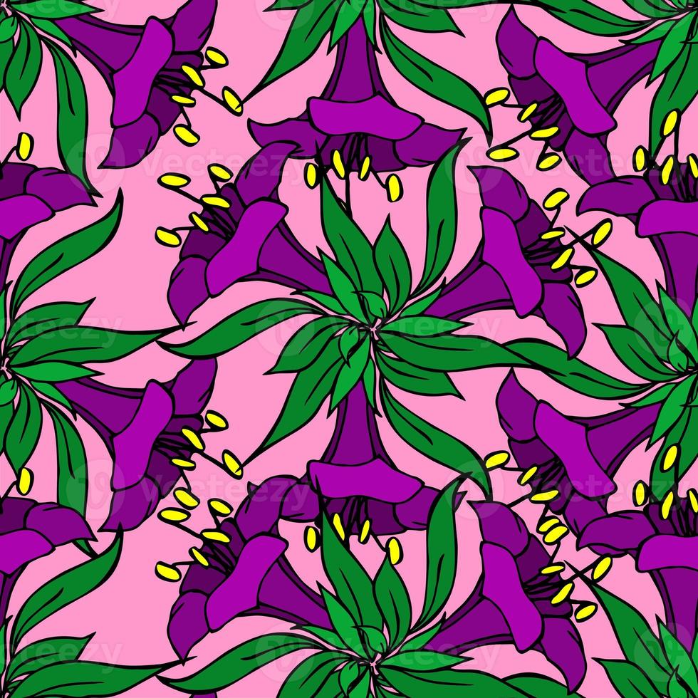seamless pattern of purple large exotic flowers with a black outline on a pink background, texture, design photo