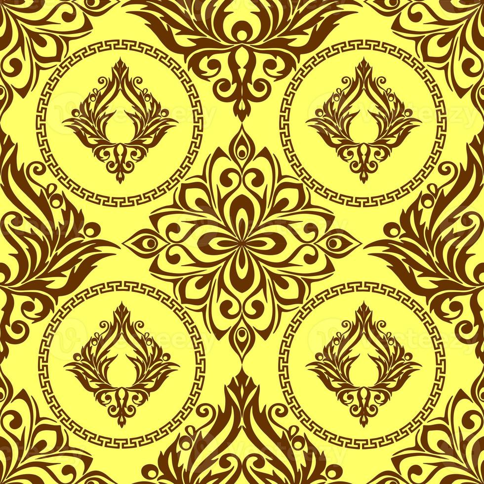 seamless graphic pattern, tile with abstract geometric brown ornament on yellow background, texture, design photo