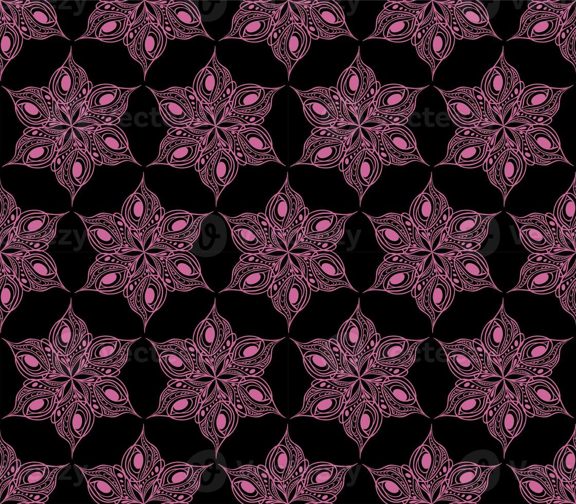 seamless symmetrical pattern of abstract pink graphic elements on a black background, texture, design photo