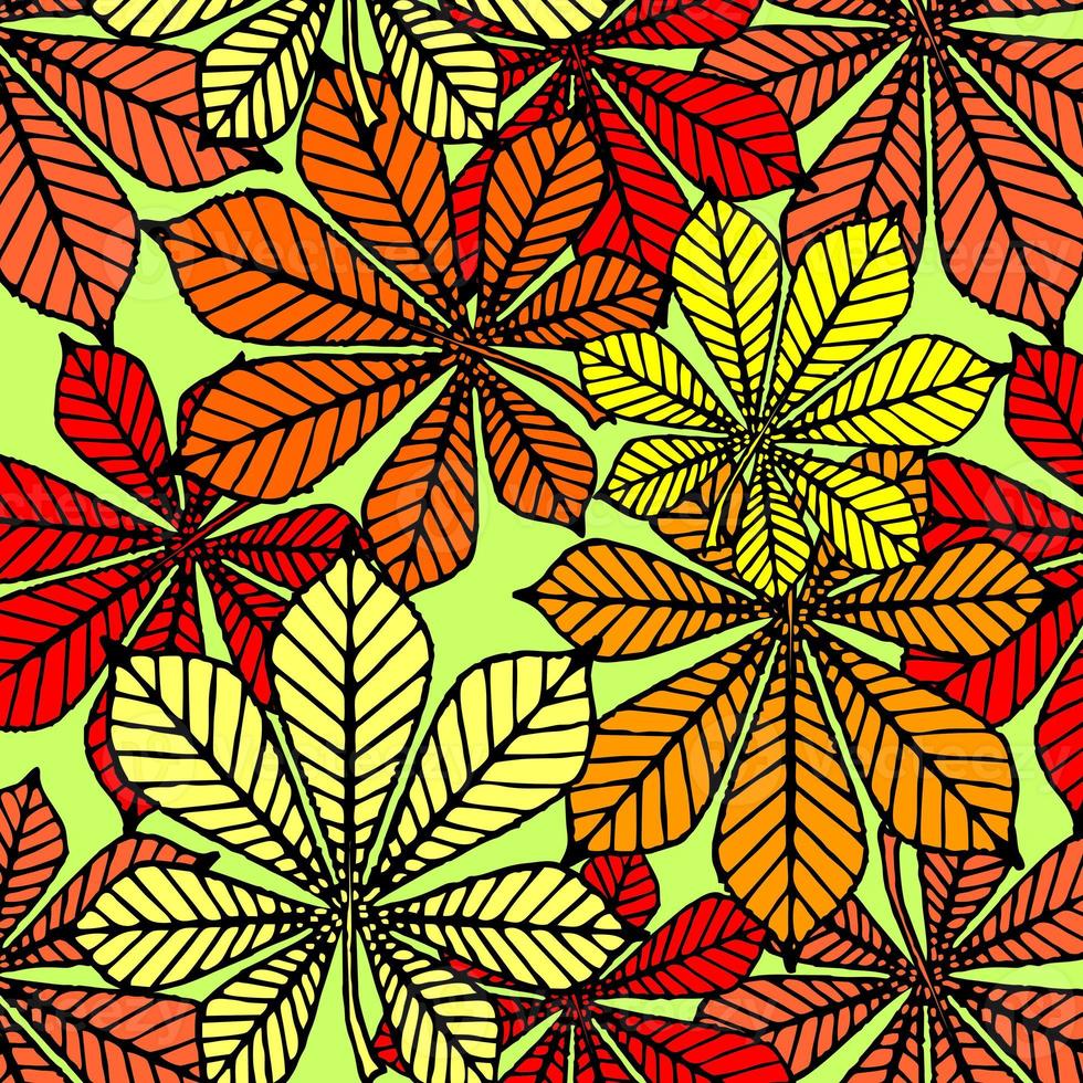 bright autumn seamless pattern of chestnut yellow and red leaves on a green background, texture, design photo