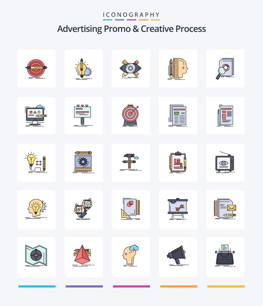 promoción de publicidad creativa y paquete de iconos llenos de 25 líneas de proceso creativo, como regla. diseño. lámpara. herramientas. ilustración vector