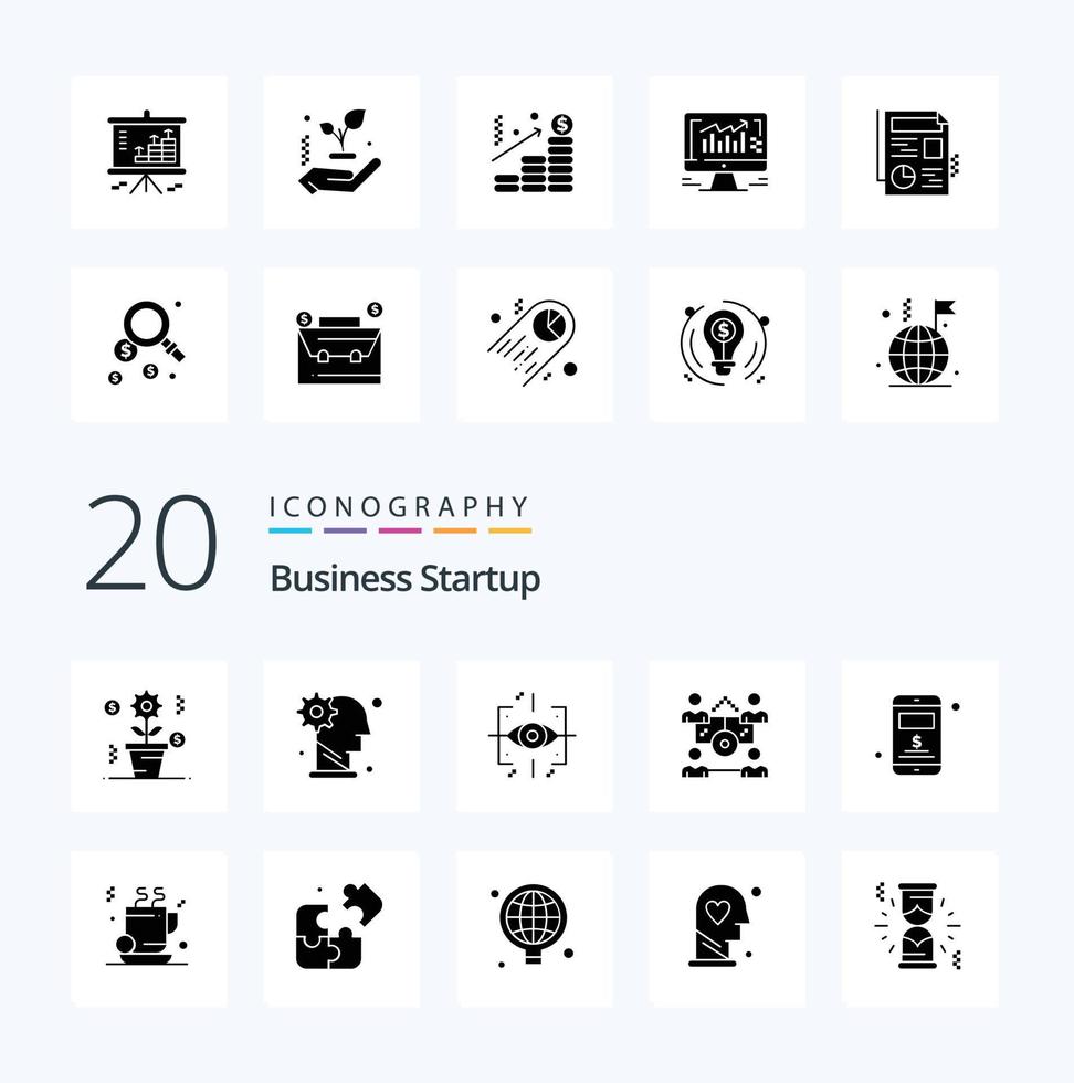 20 Business Startup Solid Glyph icon Pack like business  gen man  future  advanced vector