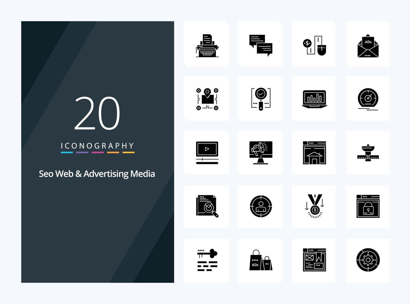 20 Seo Web And Advertising Media Solid Glyph icon for presentation vector