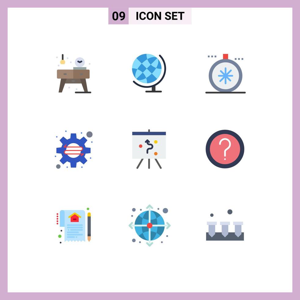 paquete de 9 signos y símbolos de colores planos modernos para medios de impresión web, como elementos de diseño de vectores editables de dirección de tablero de estrategia empresa de inicio