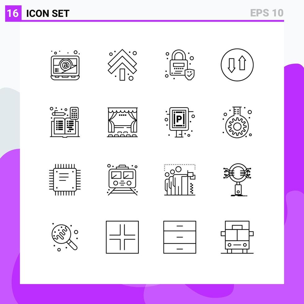 Pack of 16 Modern Outlines Signs and Symbols for Web Print Media such as accounts calculator locked accounting streaming Editable Vector Design Elements