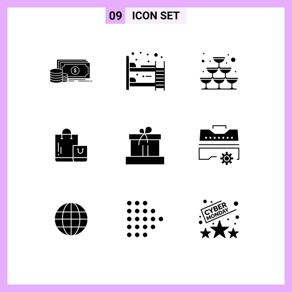 Editable Vector Line Pack of 9 Simple Solid Glyphs of box shop glass market bag Editable Vector Design Elements
