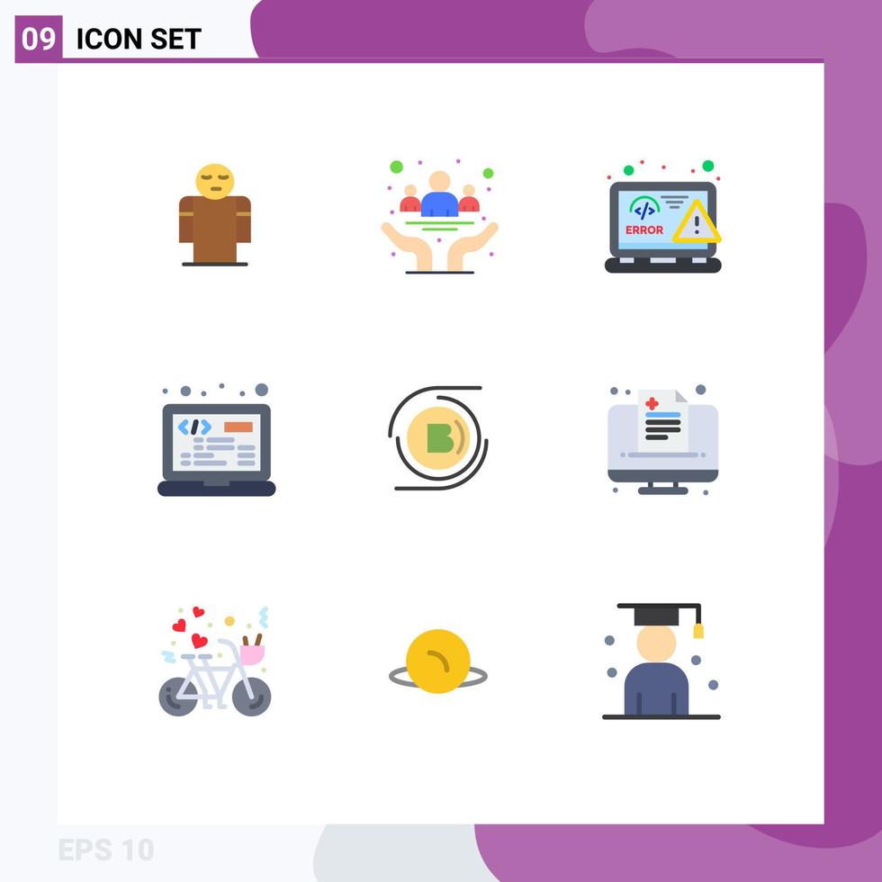 Editable Vector Line Pack of 9 Simple Flat Colors of html laptop health coding web Editable Vector Design Elements