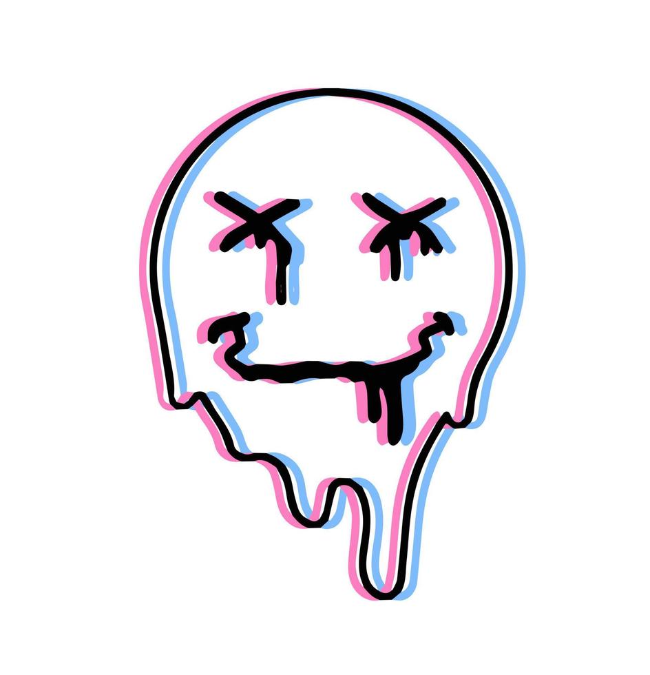 Acid smile face. Melted rave and techno symbol of 90s. Trendy Psychedelic print vector