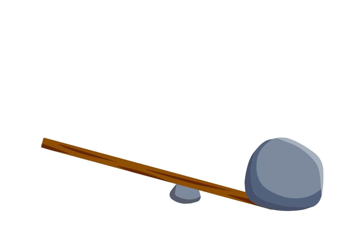 Lever of stick with stone. Lifting heavy cobblestone. Moving the boulder. Balancing and leverage. Flat cartoon vector