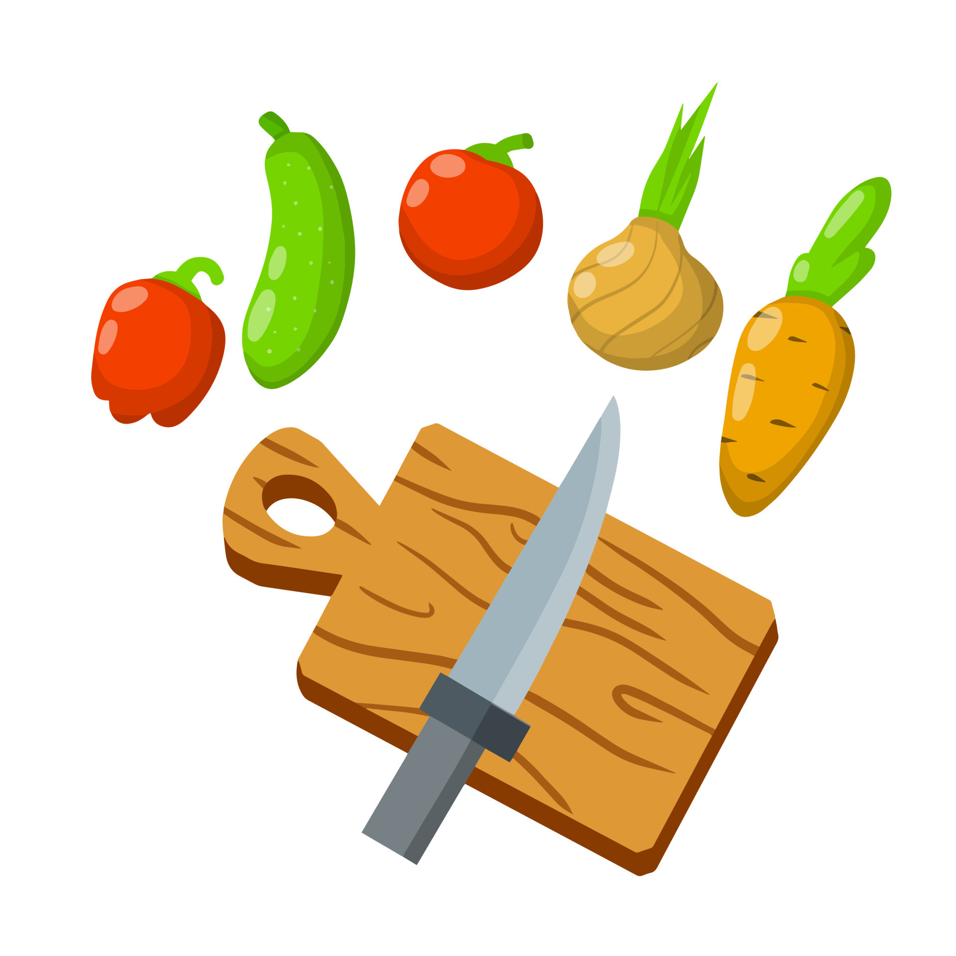 Cutting Board. Wooden kitchen utensils. Cooking food and vegetables.  Tomato, onion, cucumber and pepper. Veggie salad. Cartoon flat illustration  isolated on white 17298595 Vector Art at Vecteezy