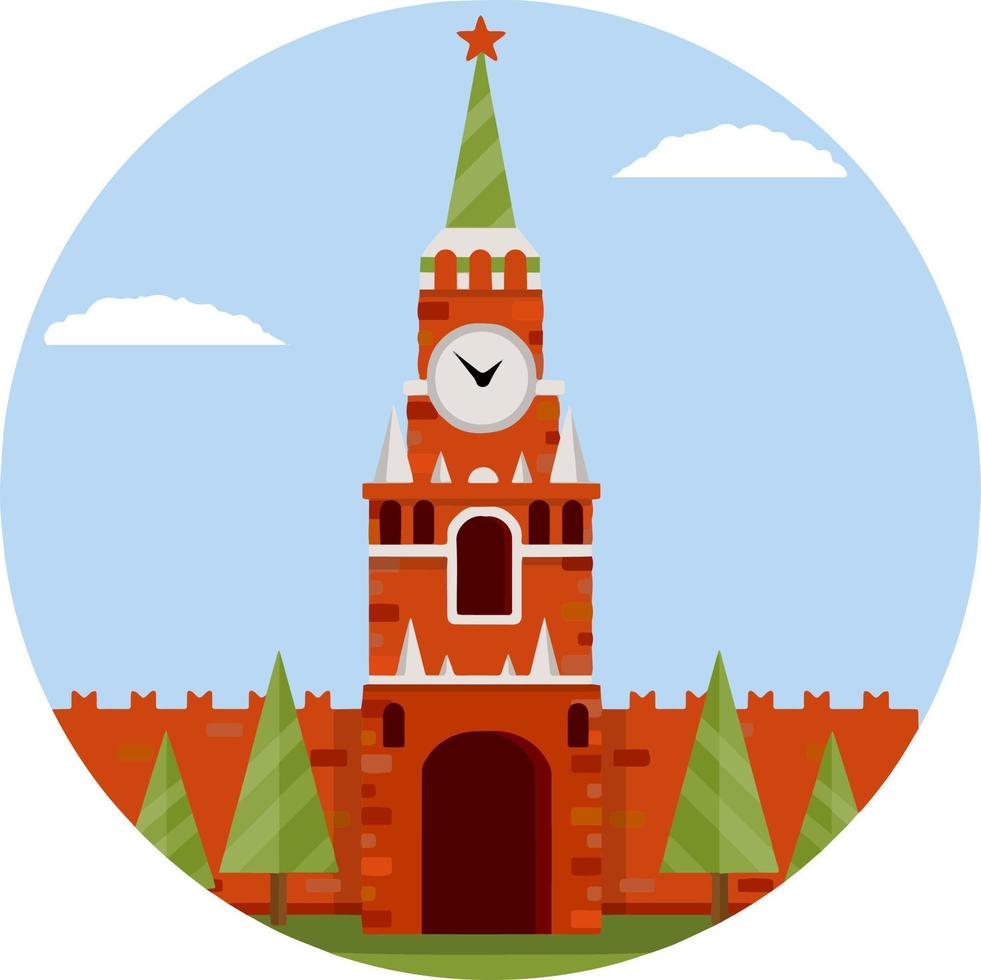 Moscow kremlin. Tourist destination for tour to capital. Fortress with tower and wall. Tourist attraction. Cartoon flat illustration. Summer season. Residence of Russian. President on red square vector