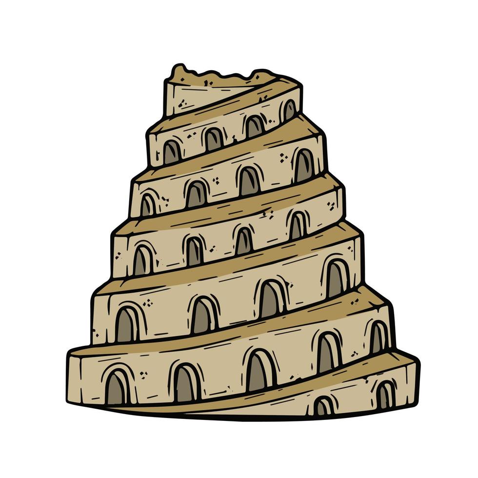 Tower of Babel. Ancient city Babylon of Mesopotamia and Iraq. Biblical story. Sumerian civilization. History and archaeology. Hand drawn sketch vector