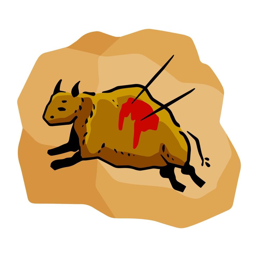 Rock art. Scene of bull hunt. Primitive life. Animal wounded by spear or arrow. Sketch cartoon illustration. Drawing in a cave vector