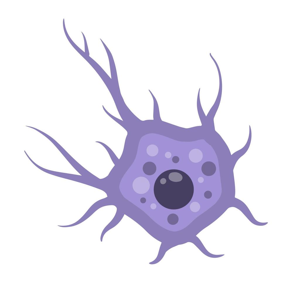 célula neuronal azul. actividad cerebral y dendritas. membrana y el núcleo. ilustración científica de dibujos animados. microbiología y mente vector