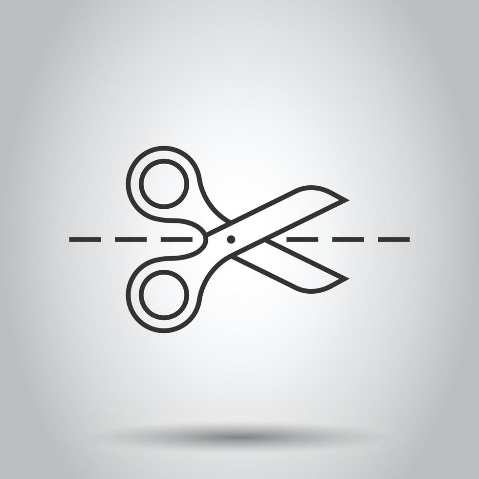 Scissor with cutting line icon in flat style. Cut equipment vector illustration on white isolated background. Cutter business concept.