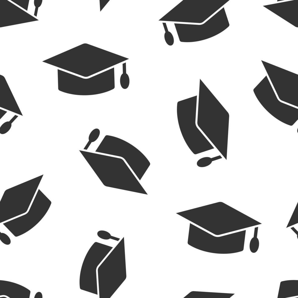 Graduation hat icon in flat style. Student cap vector illustration on white isolated background. University seamless pattern business concept.