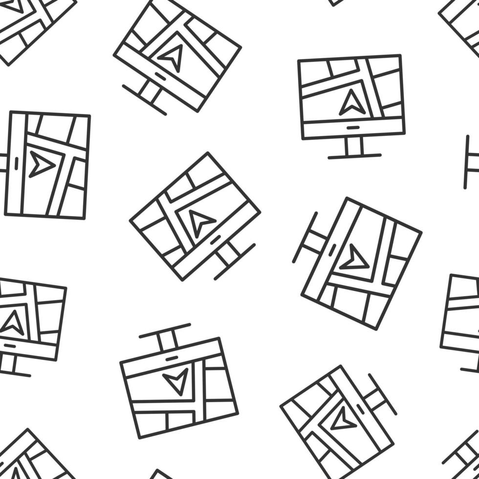 Computer navigation icon in flat style. Monitor pin gps vector illustration on white isolated background. City area location seamless pattern business concept.