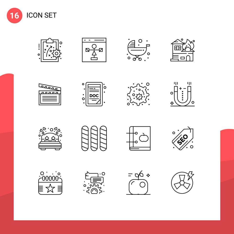 Pictogram Set of 16 Simple Outlines of american fire baby burning trolley Editable Vector Design Elements