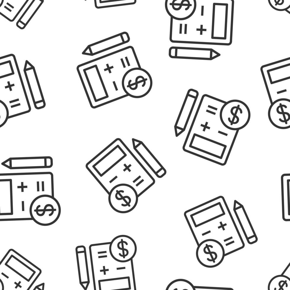 Tax payment icon in flat style. Budget invoice vector illustration on white isolated background. Calculator with dollar coin and pencil seamless pattern business concept.