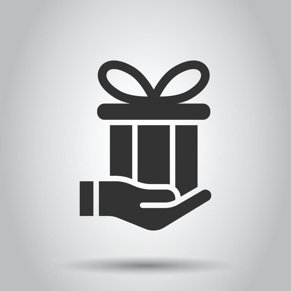 Gift box icon in flat style. Present on hand vector illustration on white isolated background. Surprise business concept.