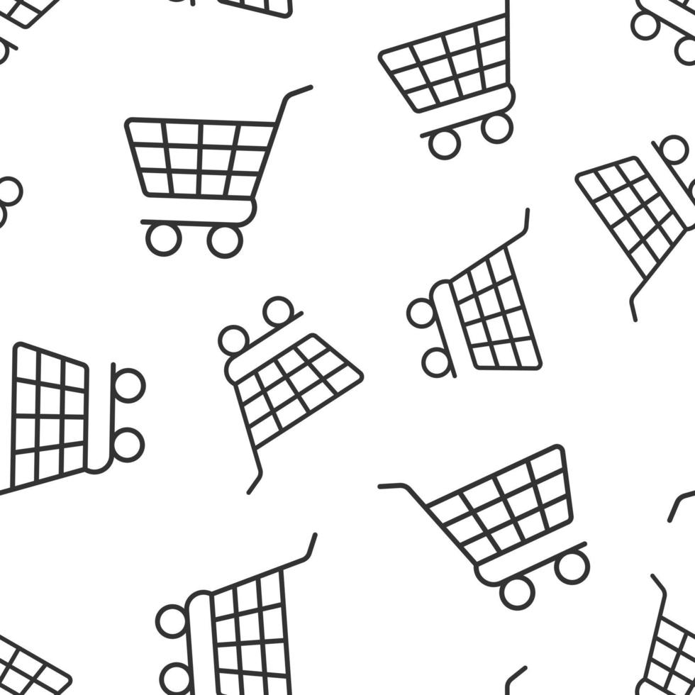 Shopping cart icon in flat style. Trolley vector illustration on white isolated background. Basket seamless pattern business concept.