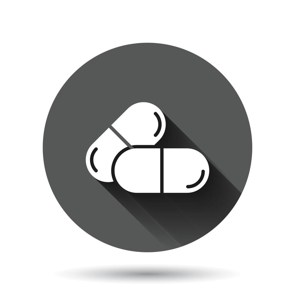 Pill capsule icon in flat style. Drugs vector illustration on black round background with long shadow effect. Pharmacy circle button business concept.