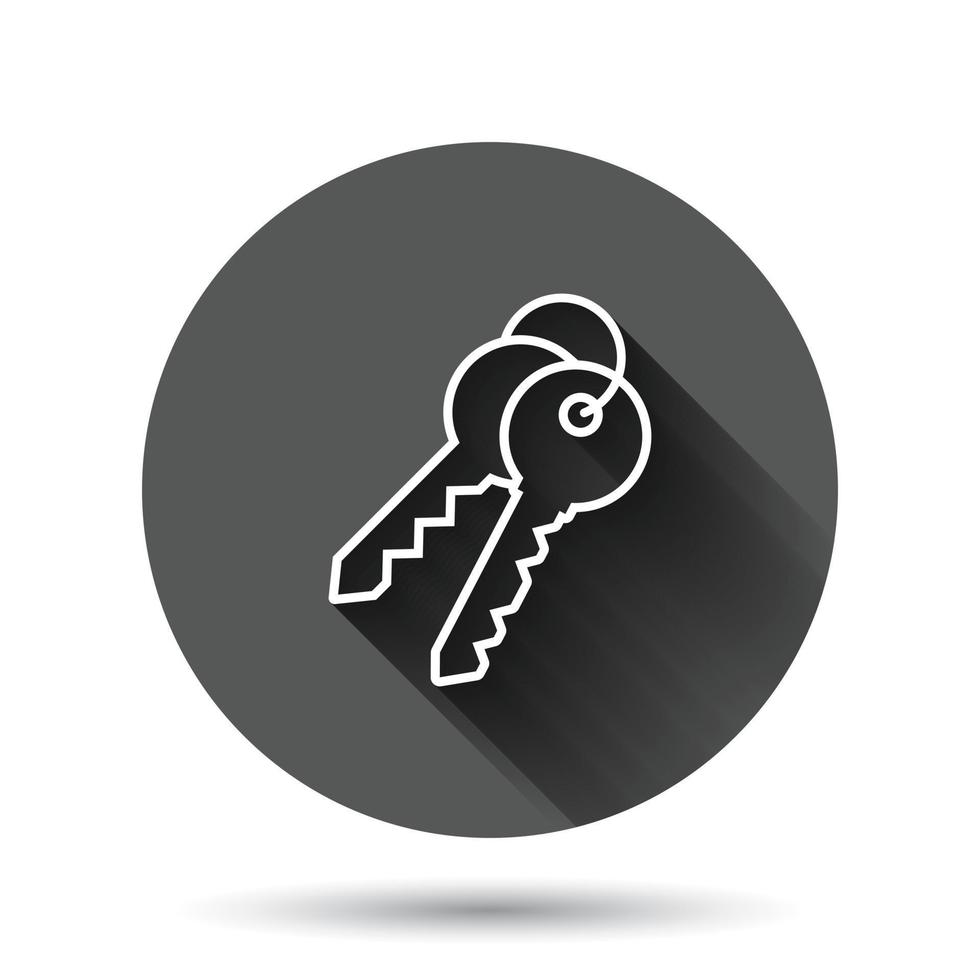 Key icon in flat style. Password vector illustration on black round background with long shadow effect. Access circle button business concept.