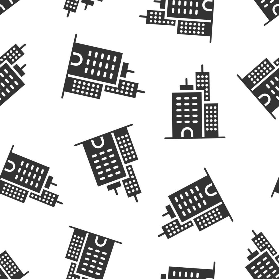 Building icon in flat style. Town skyscraper apartment vector illustration on white isolated background. City tower seamless pattern business concept.