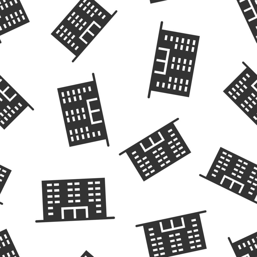 Building icon in flat style. Town skyscraper apartment vector illustration on white isolated background. City tower seamless pattern business concept.