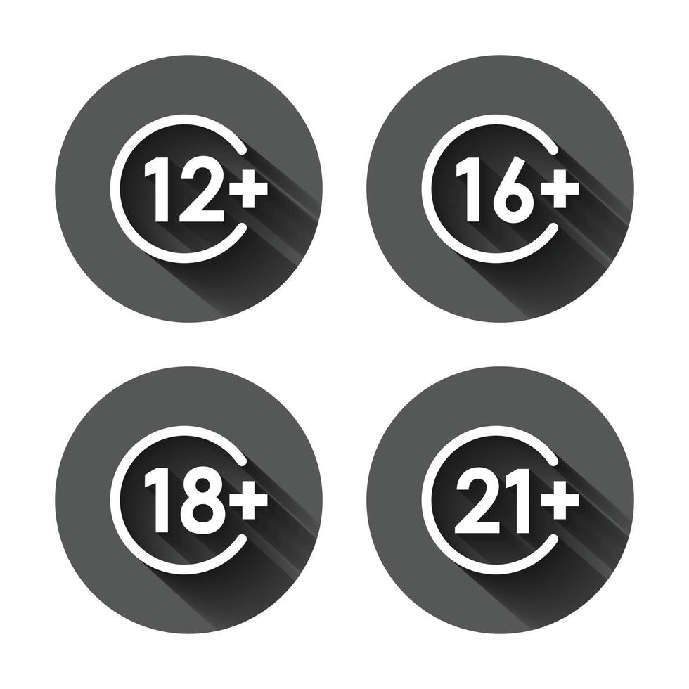 12, 16, 18, 21 más icono de estilo plano. ilustración vectorial de censura sobre fondo redondo negro con efecto de sombra larga. concepto de negocio de botón de círculo censurado. vector