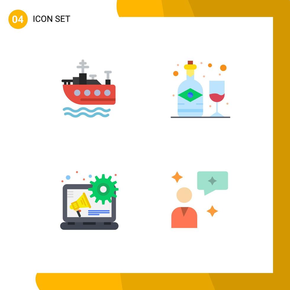 4 Thematic Vector Flat Icons and Editable Symbols of ship content alcohol glass chatting Editable Vector Design Elements