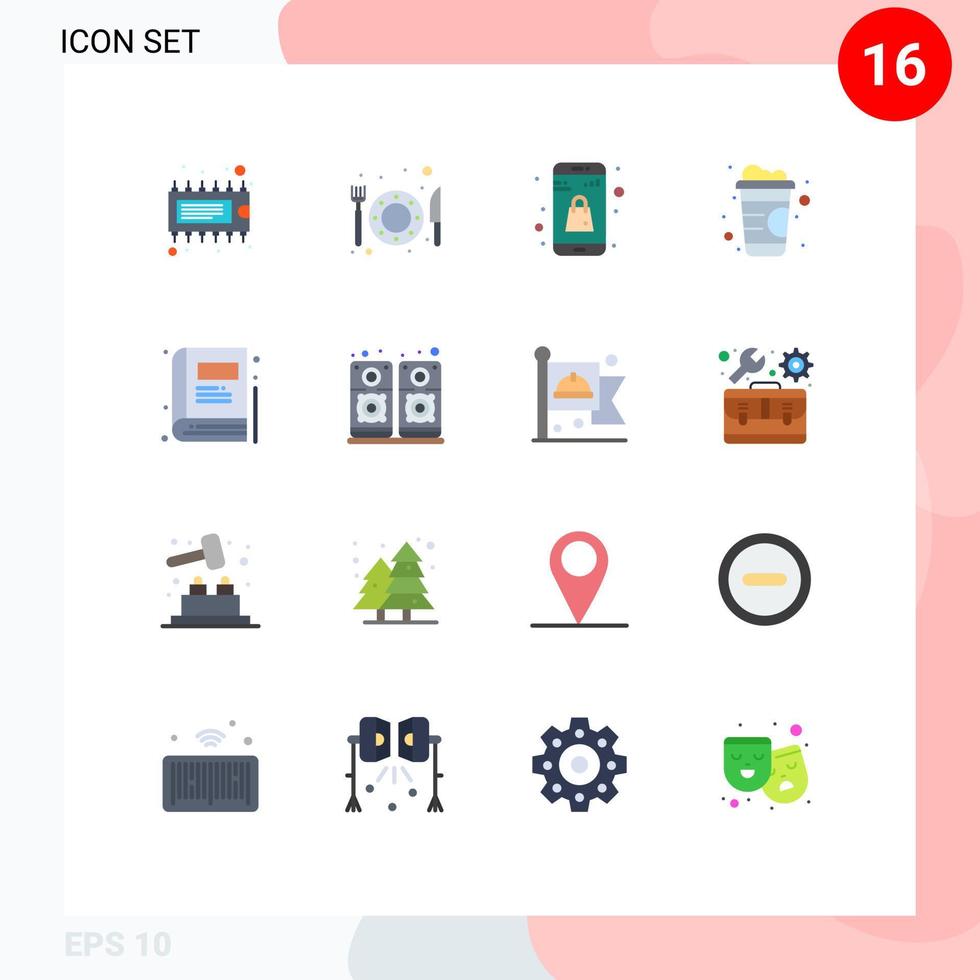 Pack of 16 Modern Flat Colors Signs and Symbols for Web Print Media such as music bookmark plain book line Editable Pack of Creative Vector Design Elements