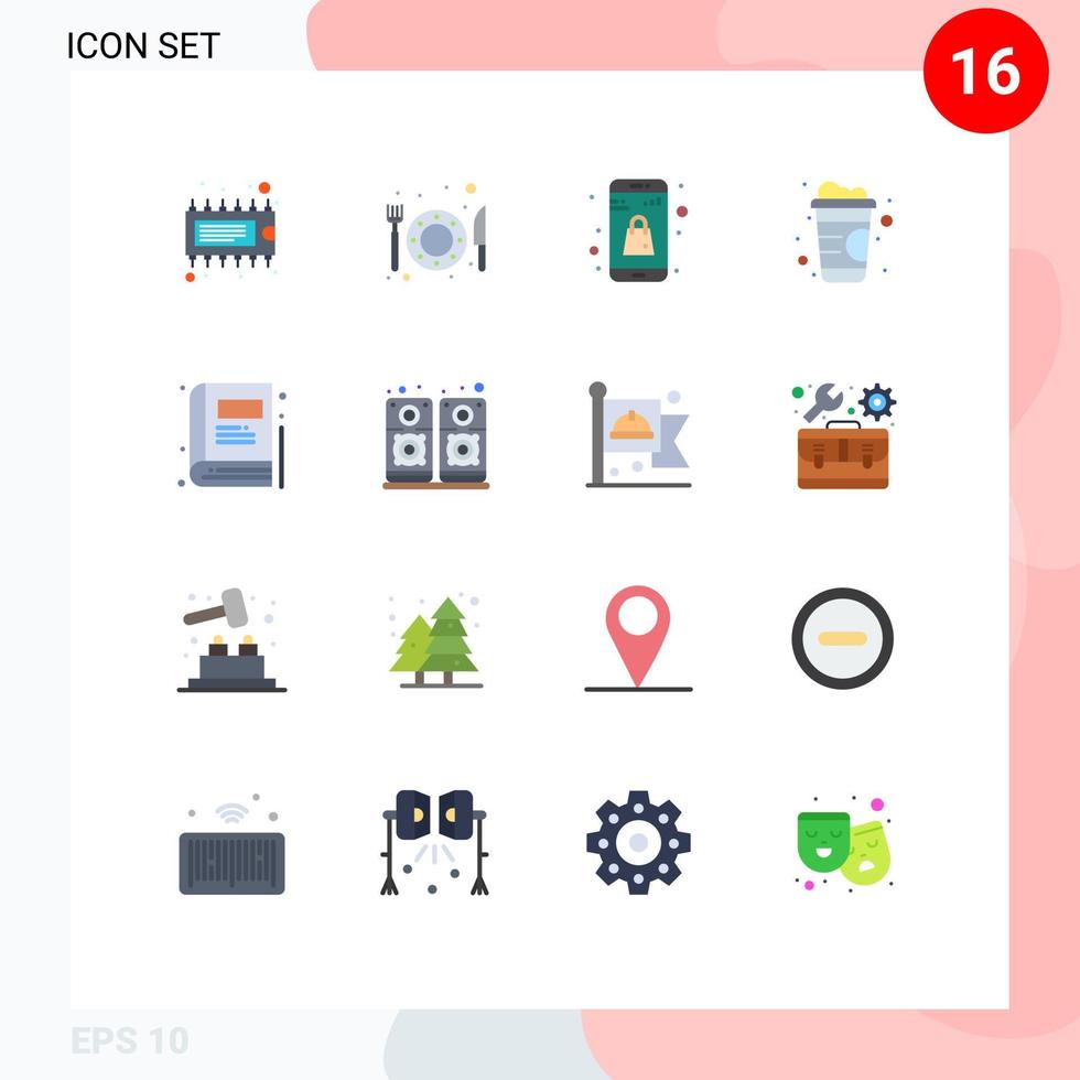 paquete de 16 signos y símbolos de colores planos modernos para medios de impresión web, como marcador de música, línea de libro simple, paquete editable de elementos creativos de diseño de vectores