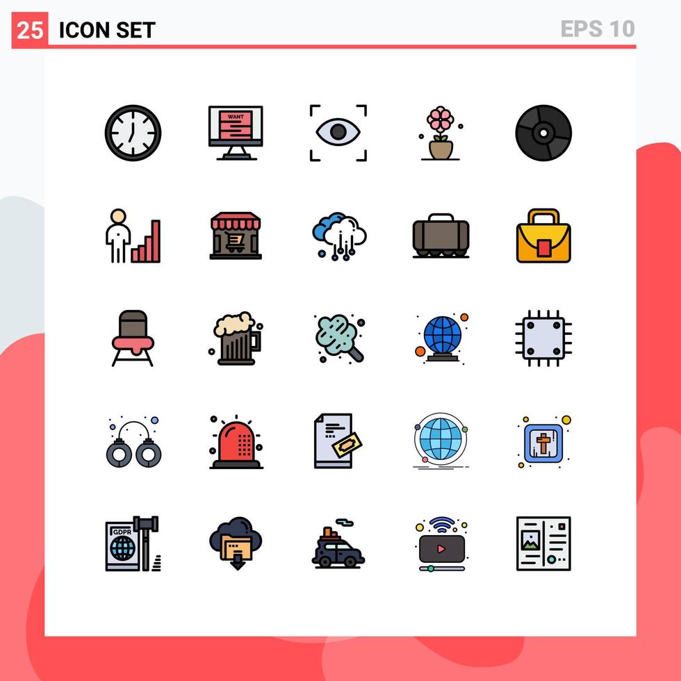 Set of 25 Commercial Filled line Flat Colors pack for products disc focus devices tulip Editable Vector Design Elements