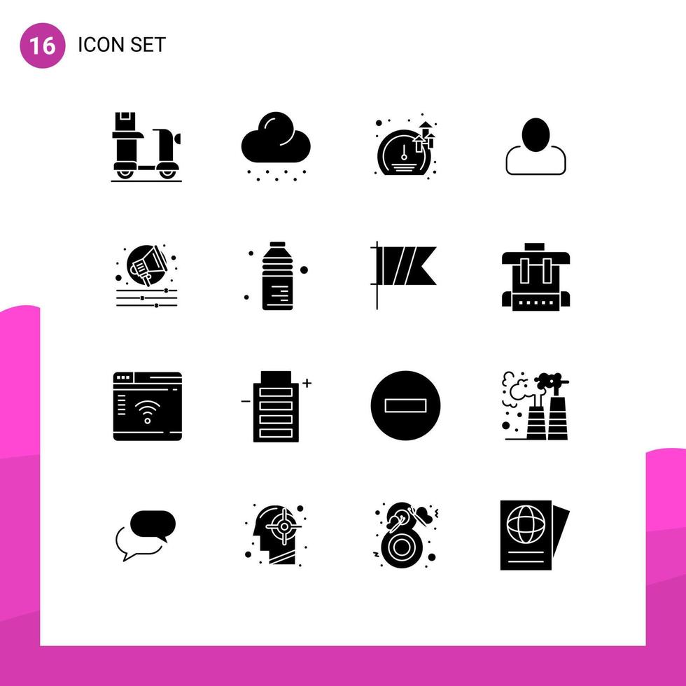 16 Universal Solid Glyph Signs Symbols of shout alert meter user administrator Editable Vector Design Elements