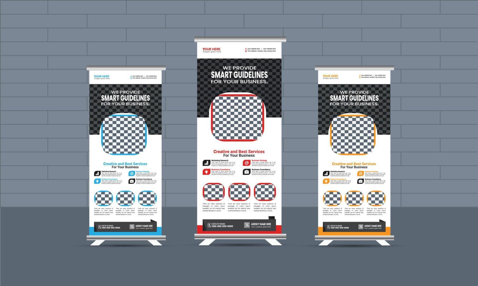 Business corporate roll-up banner template,  Professional roll-up stand banner template Set vector layout, x-stand, exhibition display, smart guideline concept, Standee Design, vector rollup mockup