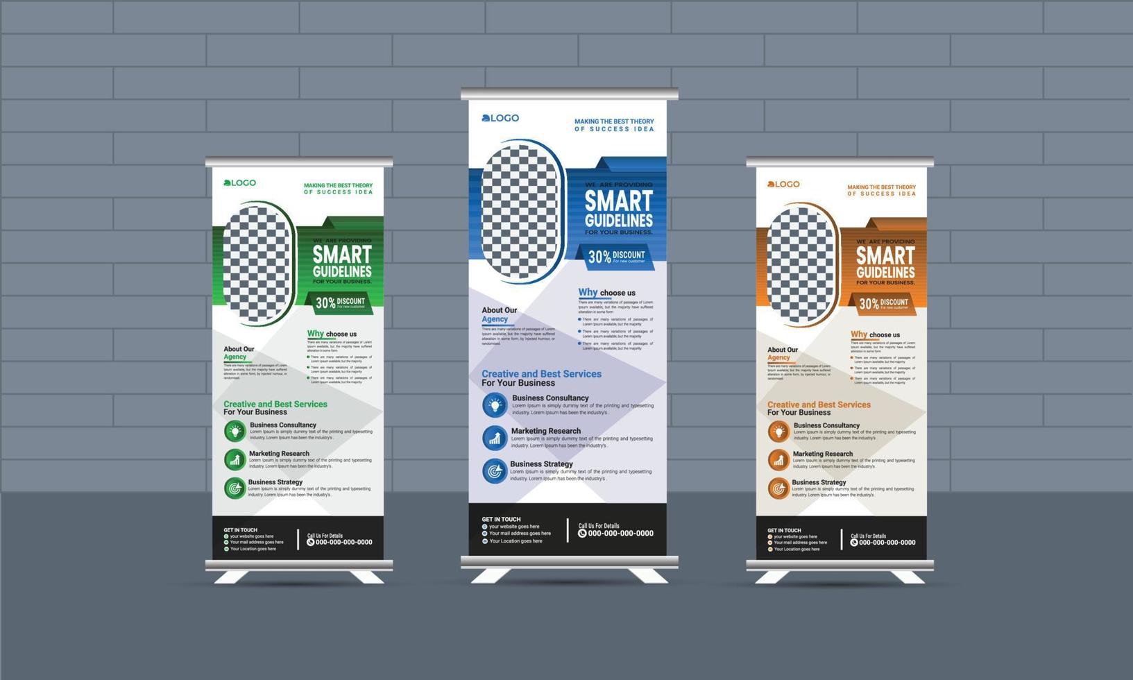 Business corporate roll-up banner template,  Professional roll-up stand banner template Set vector layout, x-stand, exhibition display, smart guideline concept, Standee Design, vector rollup mockup