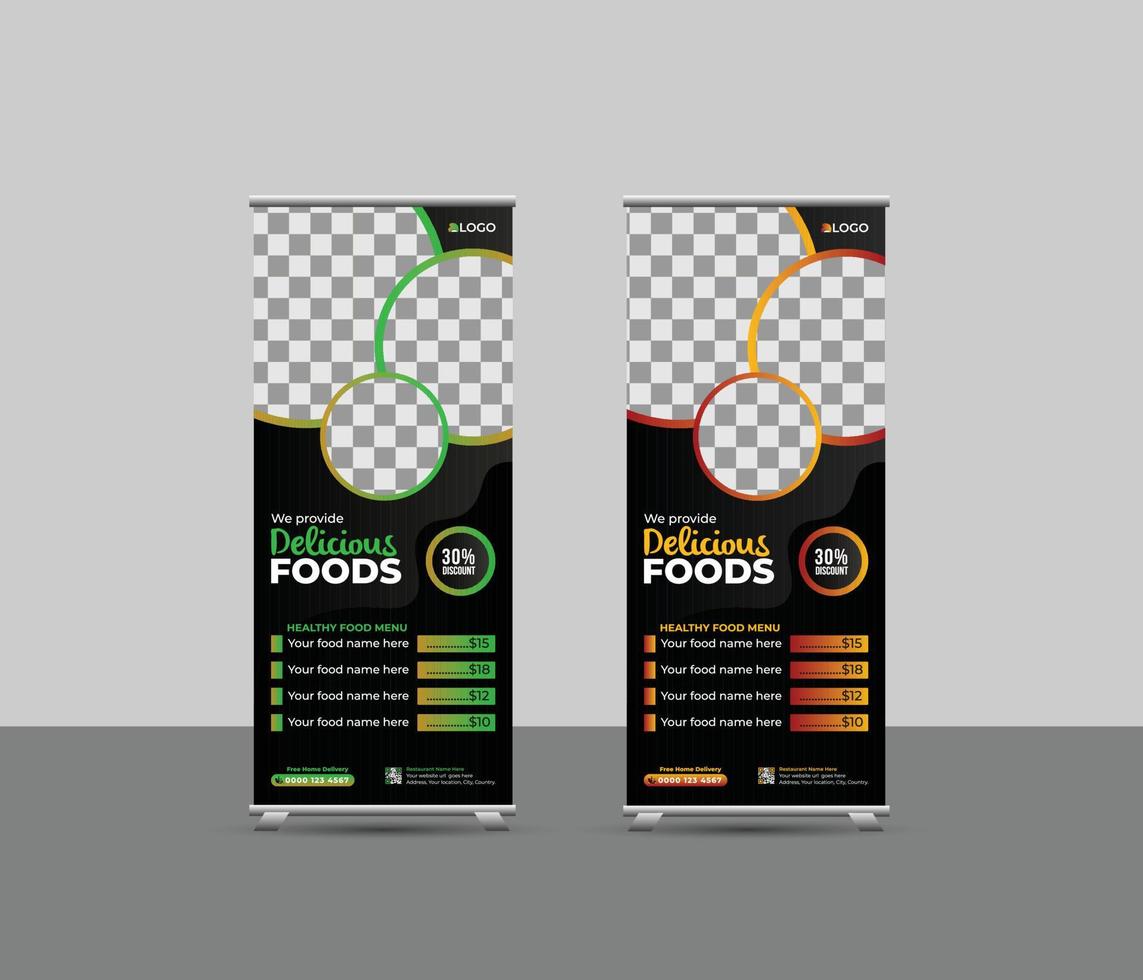 Food menu restaurant business rollup, standee banner template or creative food promotion rollup banner vector layout, two colors pull up the presentation, exhibition banner, vector rollup mockup
