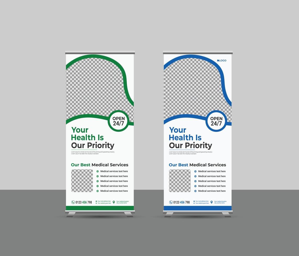 Medical rollup banner template, standee and banner template decoration for exhibition, printing, presentation  vector layout creative Roll-up Banner design, Medical healthcare two color concept