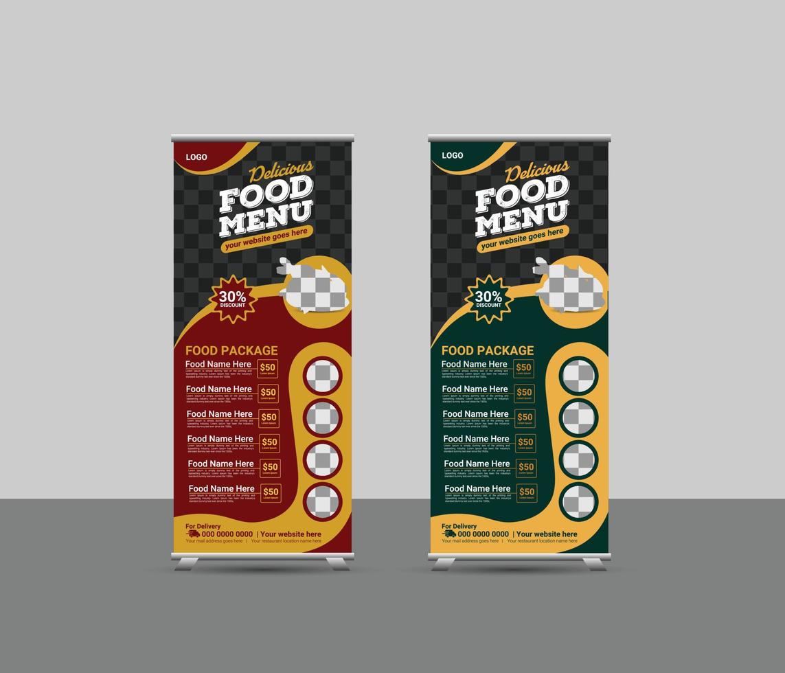 Food menu restaurant business rollup, standee banner template or creative food promotion rollup banner vector layout, two colors pull up the presentation, exhibition banner, vector rollup mockup